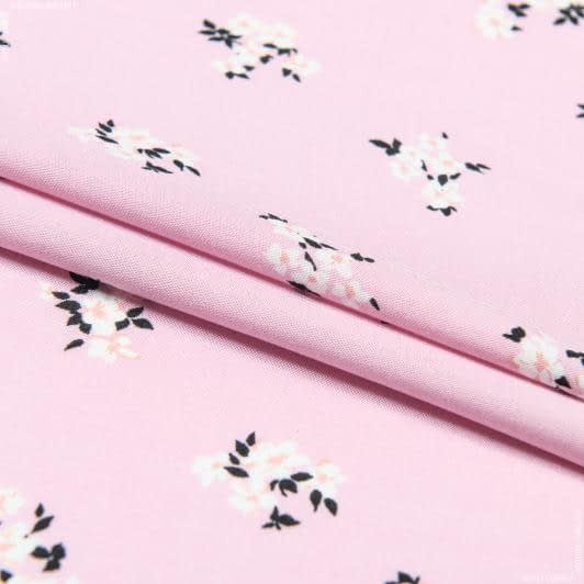 Тканини для блузок - Штапель Фалма принт чорно-білі букетики на рожевому