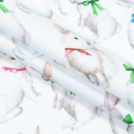 Тканини для декоративних подушок - Декоративна тканина Великодній зайчик з бантом  фон білий