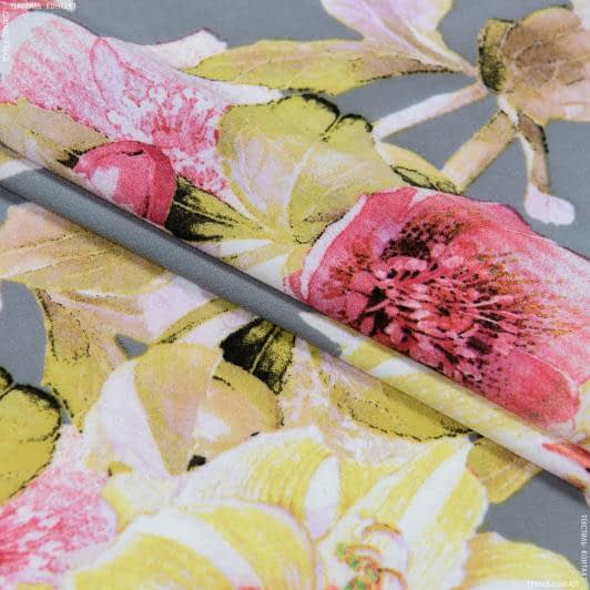 Тканини для суконь - Шифон стрейч софт Каміла принт квіти на сіроиу