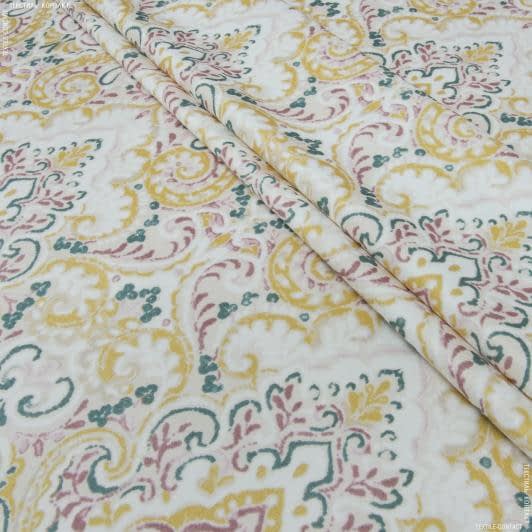 Тканини для декоративних подушок - Декоративний нубук принт Вензель жовтий, молочний, фрез, зелена бірюза