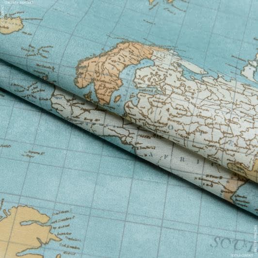 Тканини для штор - Декоративна тканина лонета Карта світу бірюзово-блакитний
