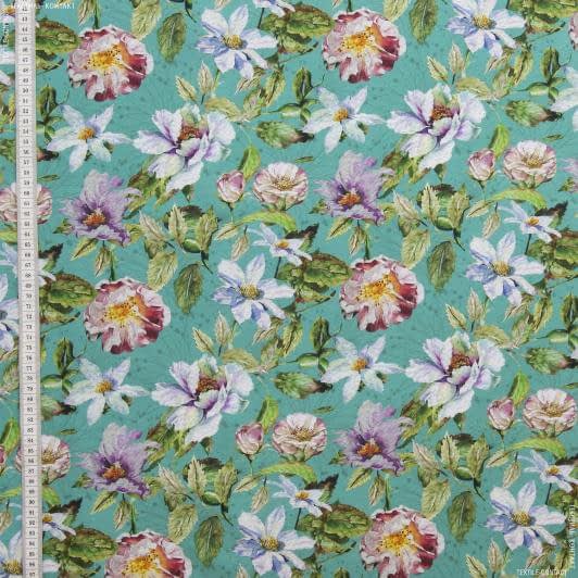 Ткани для декоративных подушек - Экокоттон садовые цветы, фон зеленая бирюза