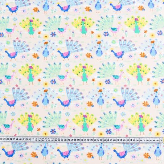 Тканини для дитячого одягу - Екокотон молочний павліни кольорові