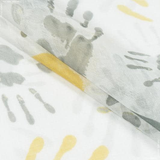 Ткани для тюли - Тюль кисея Детские ладошки цвет оливка, желтый с утяжелителем