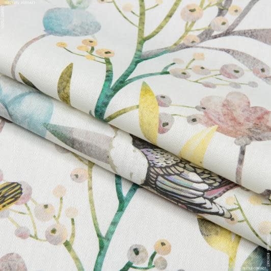 Тканини для римських штор - Декоративна тканина Пташиний світ / PRIMAVERA жовтий, зелений, фон молочний