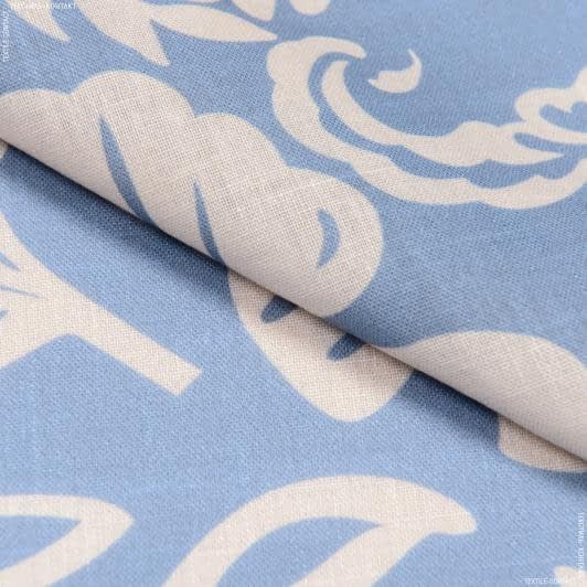 Тканини льон - Платтяна Дієго принт квіти бежеві на блакитному