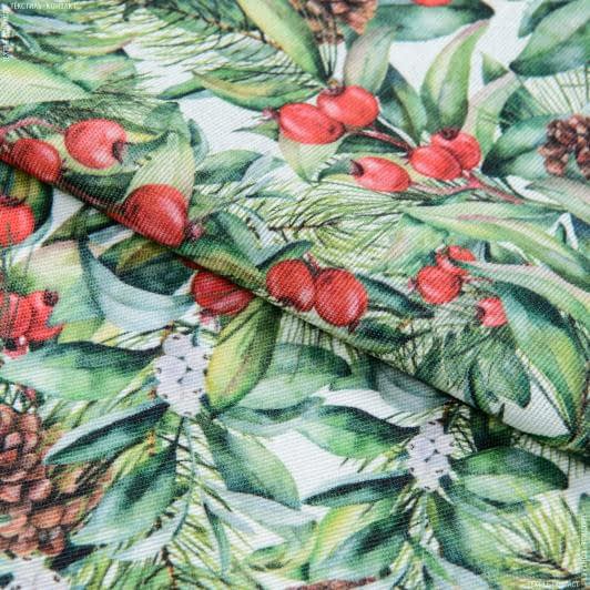Ткани для скатертей - Новогодняя ткань лонета Шиповник омела зеленый