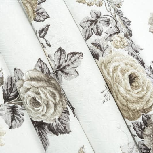 Тканини портьєрні тканини - Декоративна тканина панама Артіко троянди оливка сірий