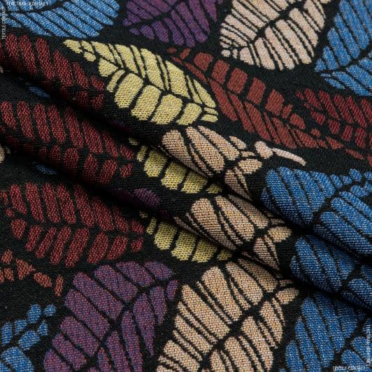 Ткани для перетяжки мебели - Гобелен Цветные листья фон черный