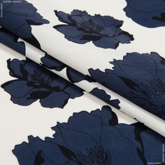 Ткани для одежды - Плательный креп принт розы темно-синий/молочный