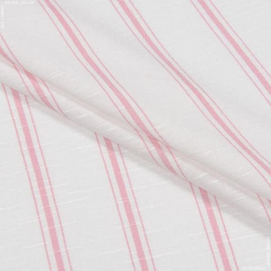 Тканини для одягу - Батист віскозний Захара потрійні рожеві смужкі на білому