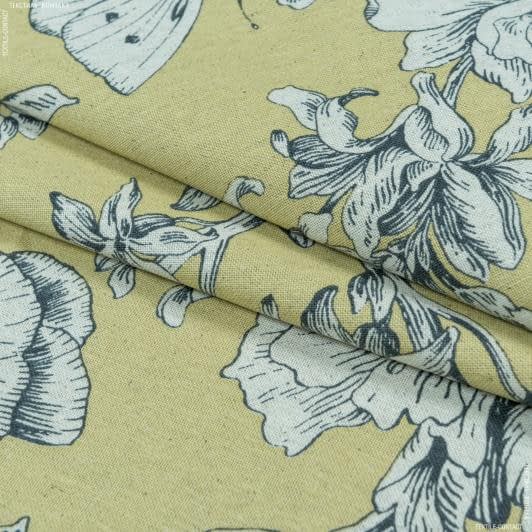 Тканини льон - Декоративна тканина Медічі квіти метелики гороховий