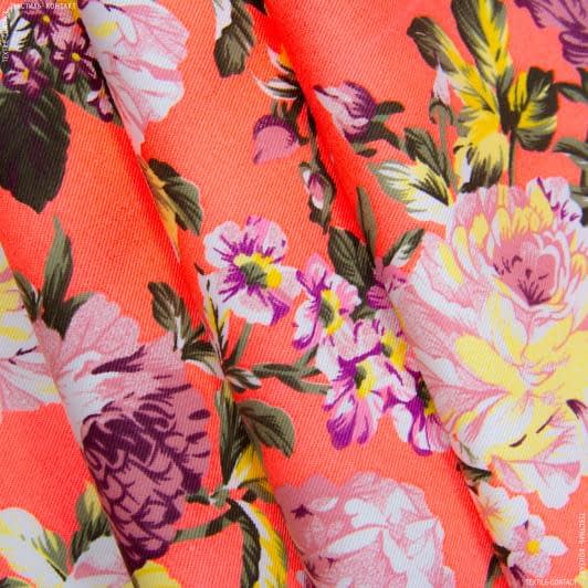 Тканини для костюмів - Котон стрейч принт троянди рожеві, жовті на кораловому