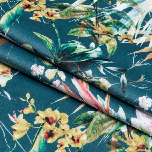 Тканини портьєрні тканини - Декоративний велюр Бутрус квіти листя фон смарагд
