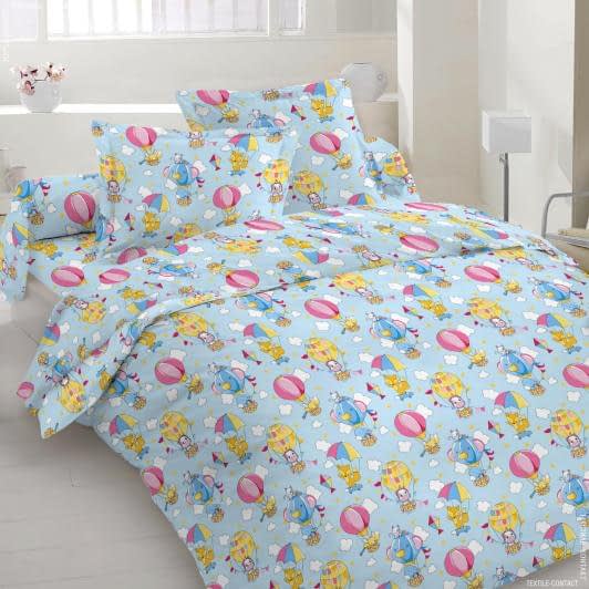 Ткани для детского постельного белья - Бязь набивная  голд DW зверушки на воздушных шарах голубая