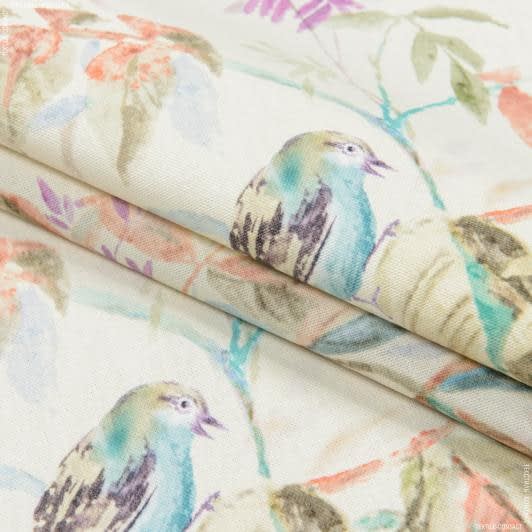Ткани портьерные ткани - Декоративная ткань НИЛЬС птички/ крем, голубой