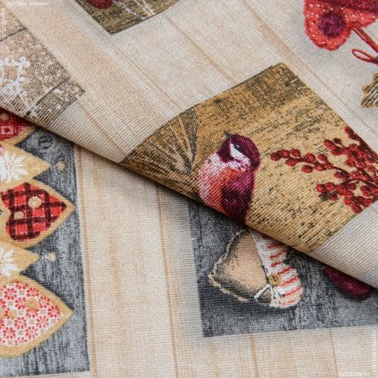 Тканини бавовняні сумішеві - Новорічна тканина лонета Листівки фон бежевий
