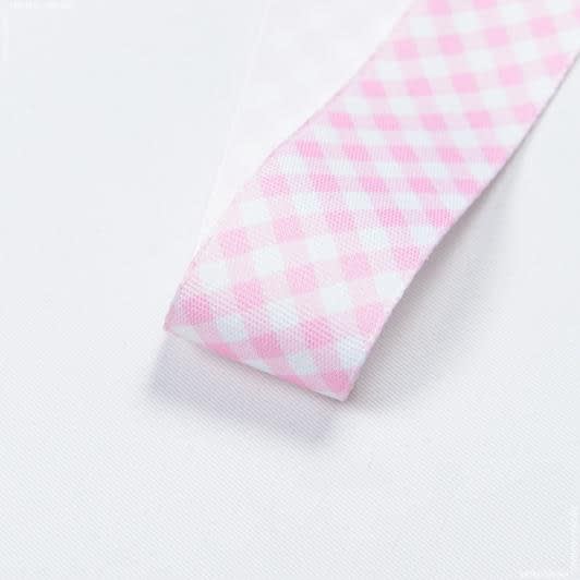 Ткани для декора - Репсовая лента Тера клеточка диагональ цвет розовый, белый 37мм