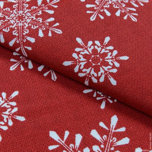 Ткани спец.ткани - Новогодняя ткань лонета Снежинки фон красный