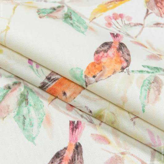 Ткани портьерные ткани - Декоративная ткань Нильс  птички крем, оранжевый