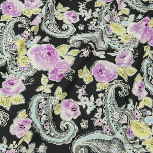 Тканини портьєрні тканини - Декоративна тканина Портобелло квіти фуксія фон чорний