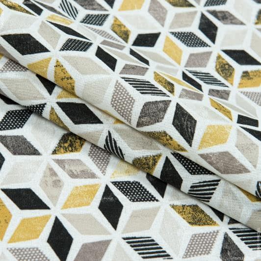 Ткани для декоративных подушек - Декоративная ткань лонета  лайф/life  абстракция горчица,черный,беж