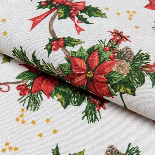 Тканини для штор - Декоративна новорічна тканина Лонета / Гілки різдвяника, фон св.беж