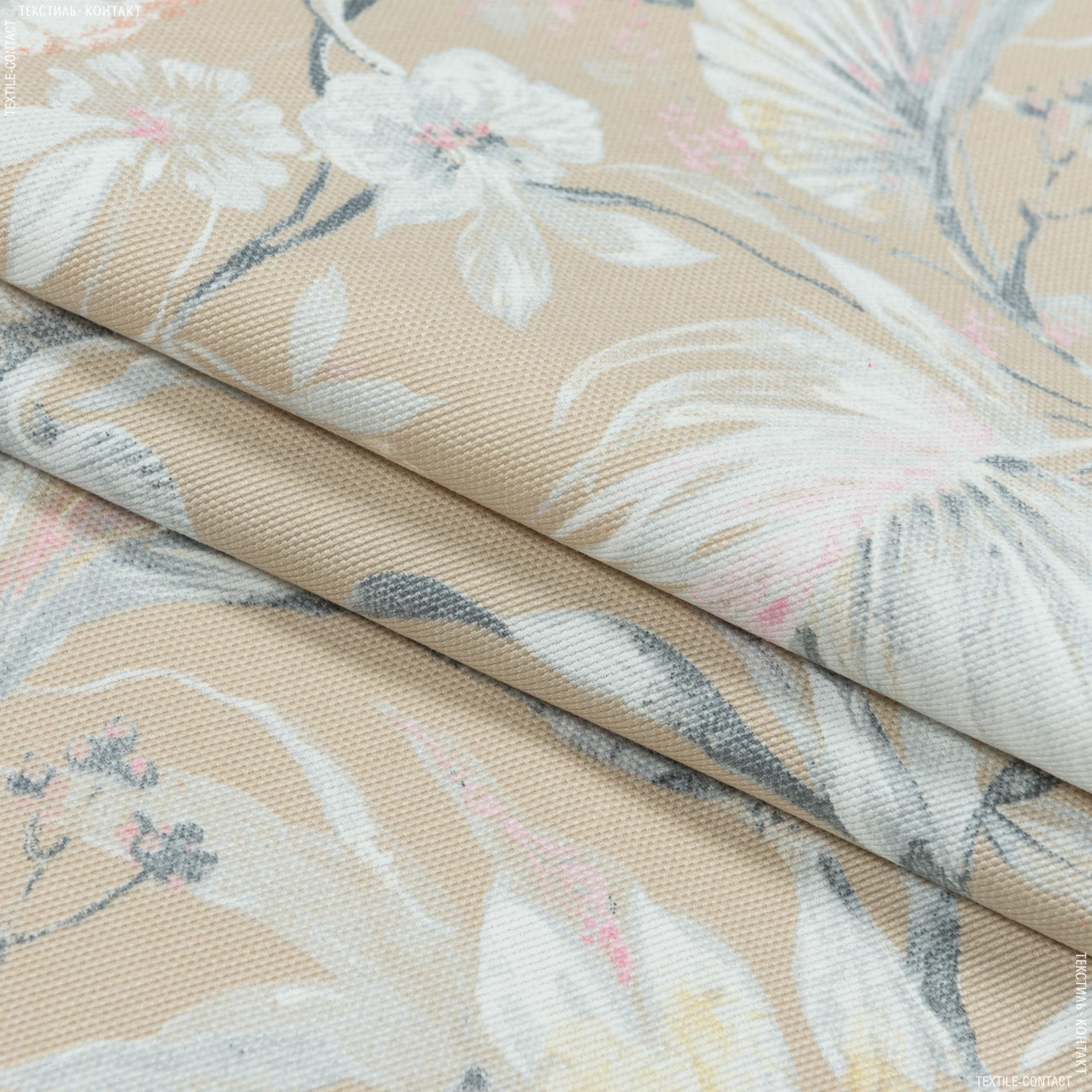 Ткани портьерные ткани - Декоративная ткань панама Омбра/OMBRA цветы  фон песок