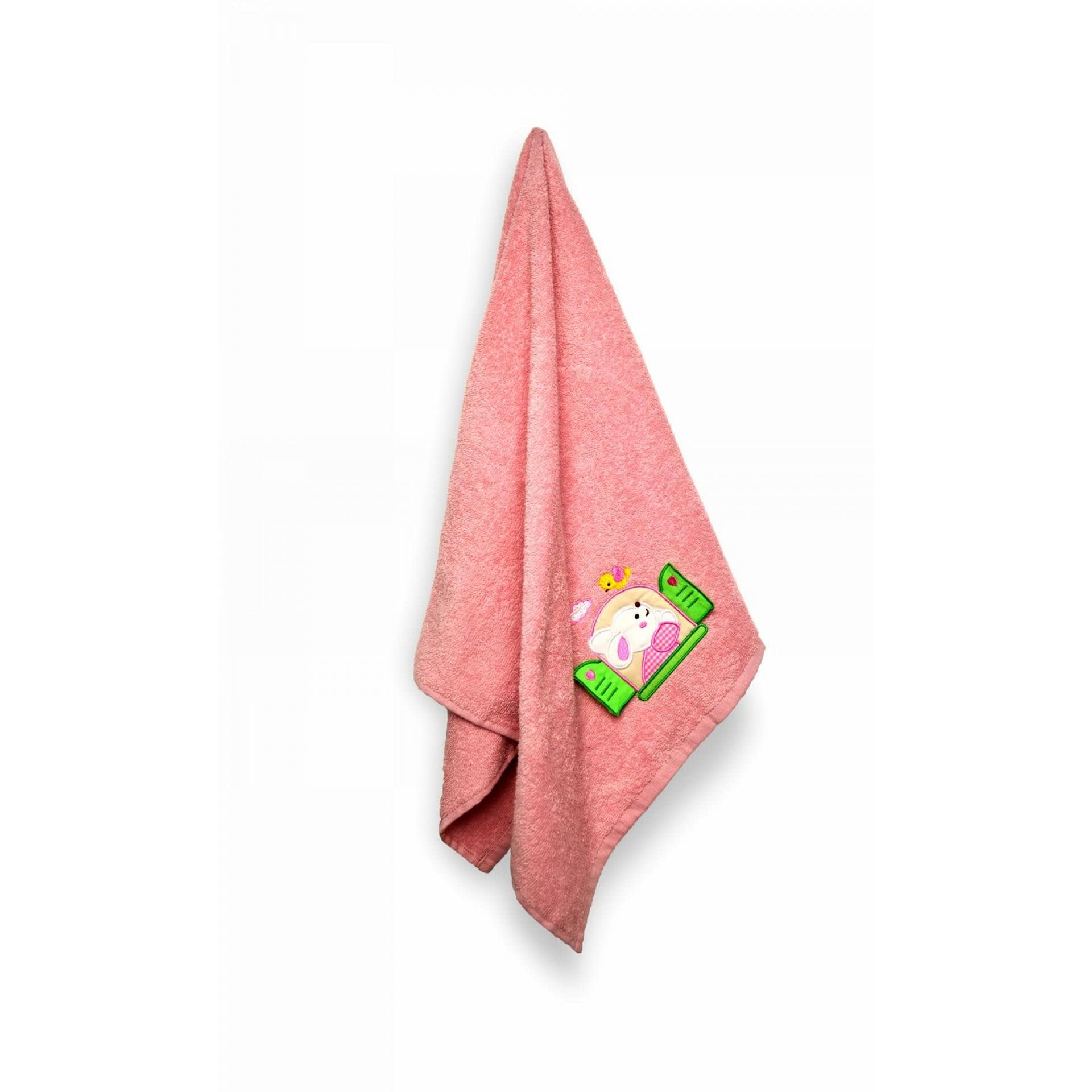 Тканини махрові рушники - Рушник махровий "Зайчик" з вишивкою 70х140 рожевий