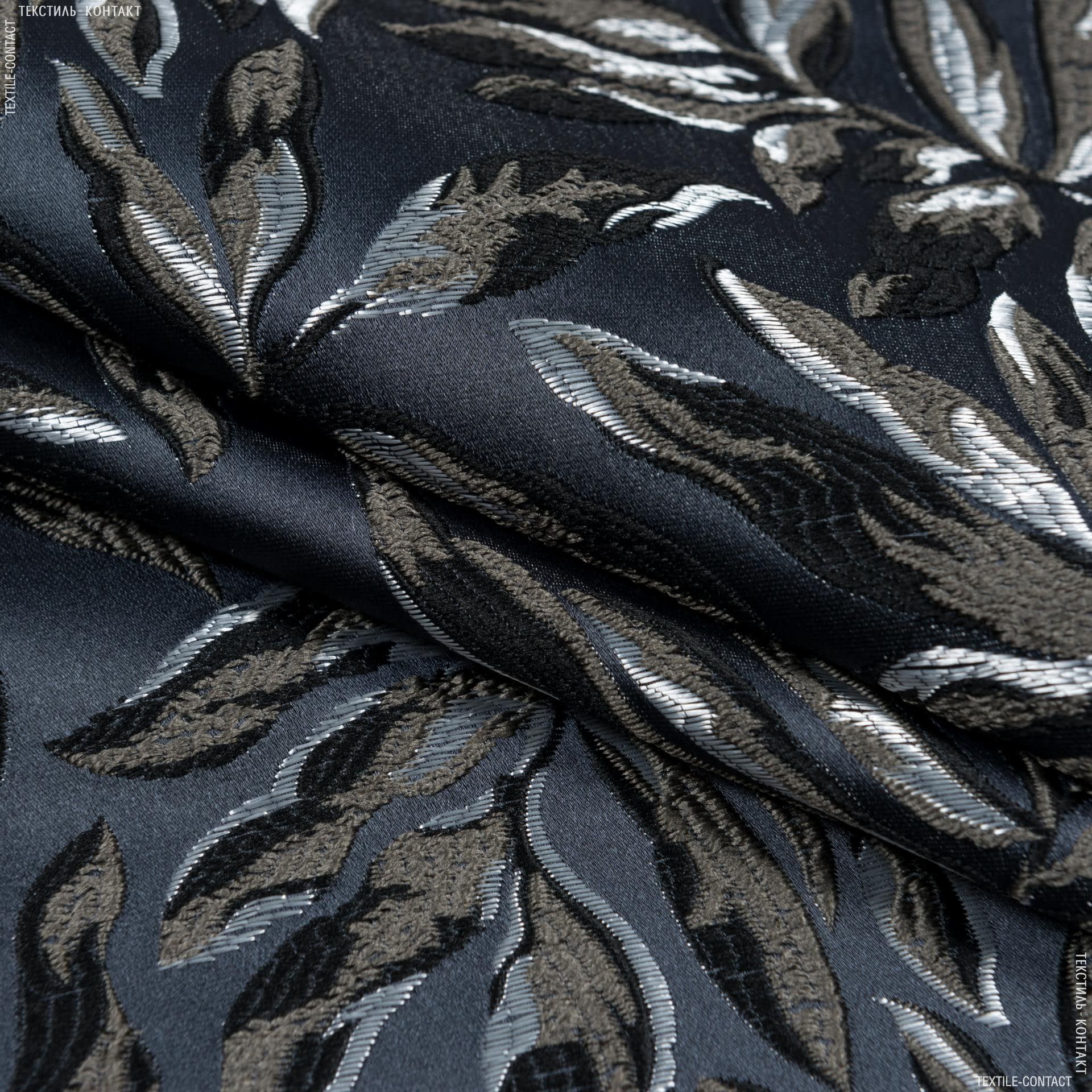 Ткани портьерные ткани - Декоративная ткань Роял листья /ROYAL LEAF серо-черные  фон графит