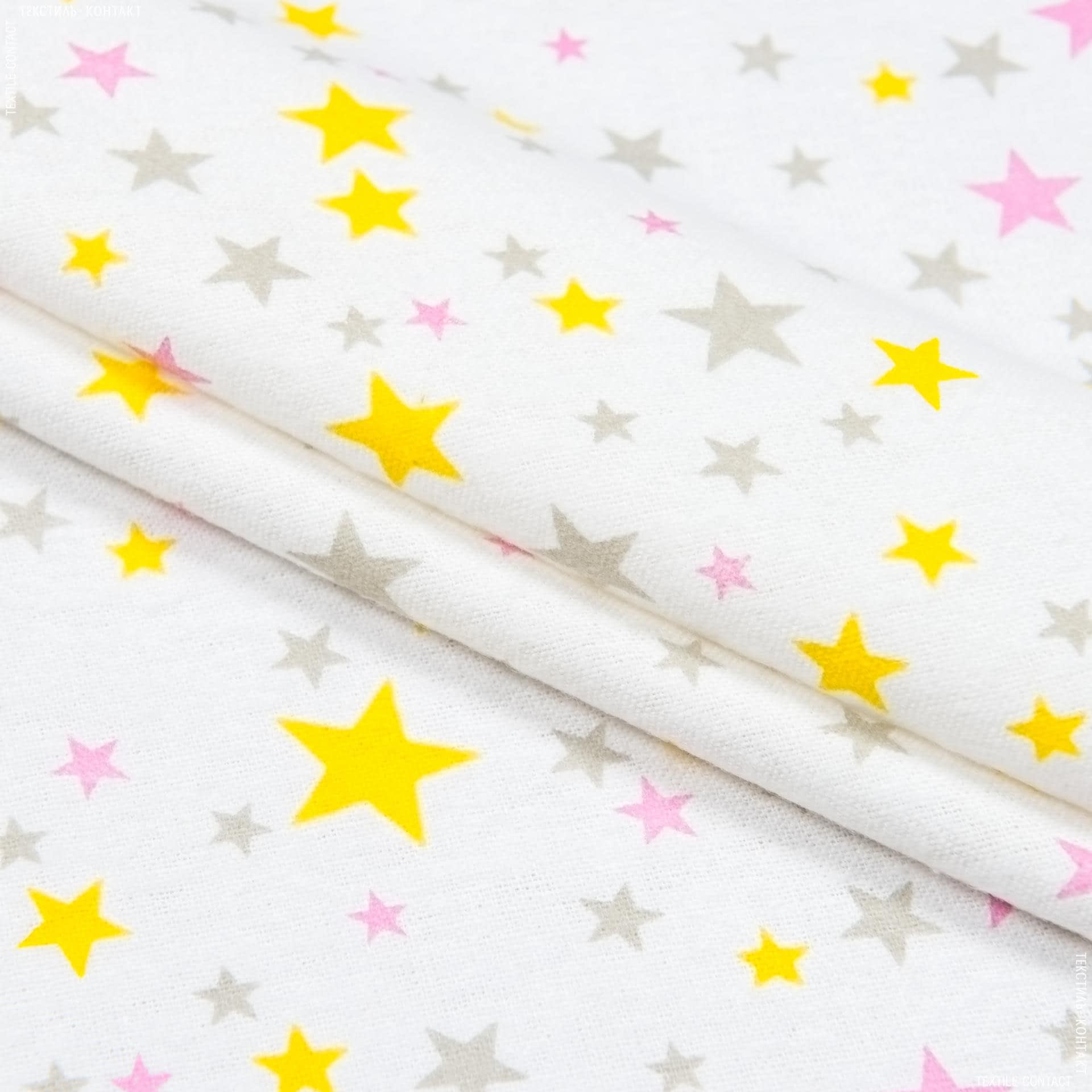 Ткани для детской одежды - Фланель белоземельная звезды розово-желтые