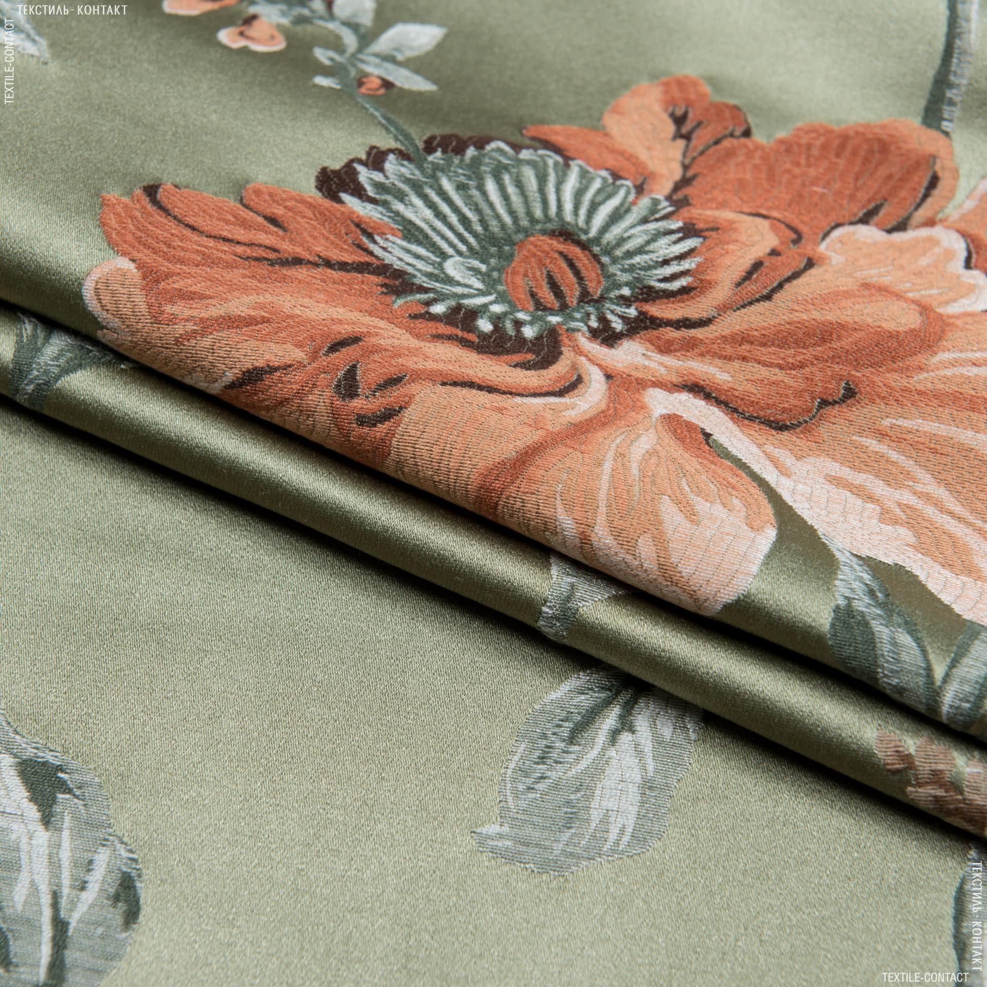 Тканини портьєрні тканини - Декоративна тканина палмі квіти/palmi фон оливка,помаранчевий, бежевий