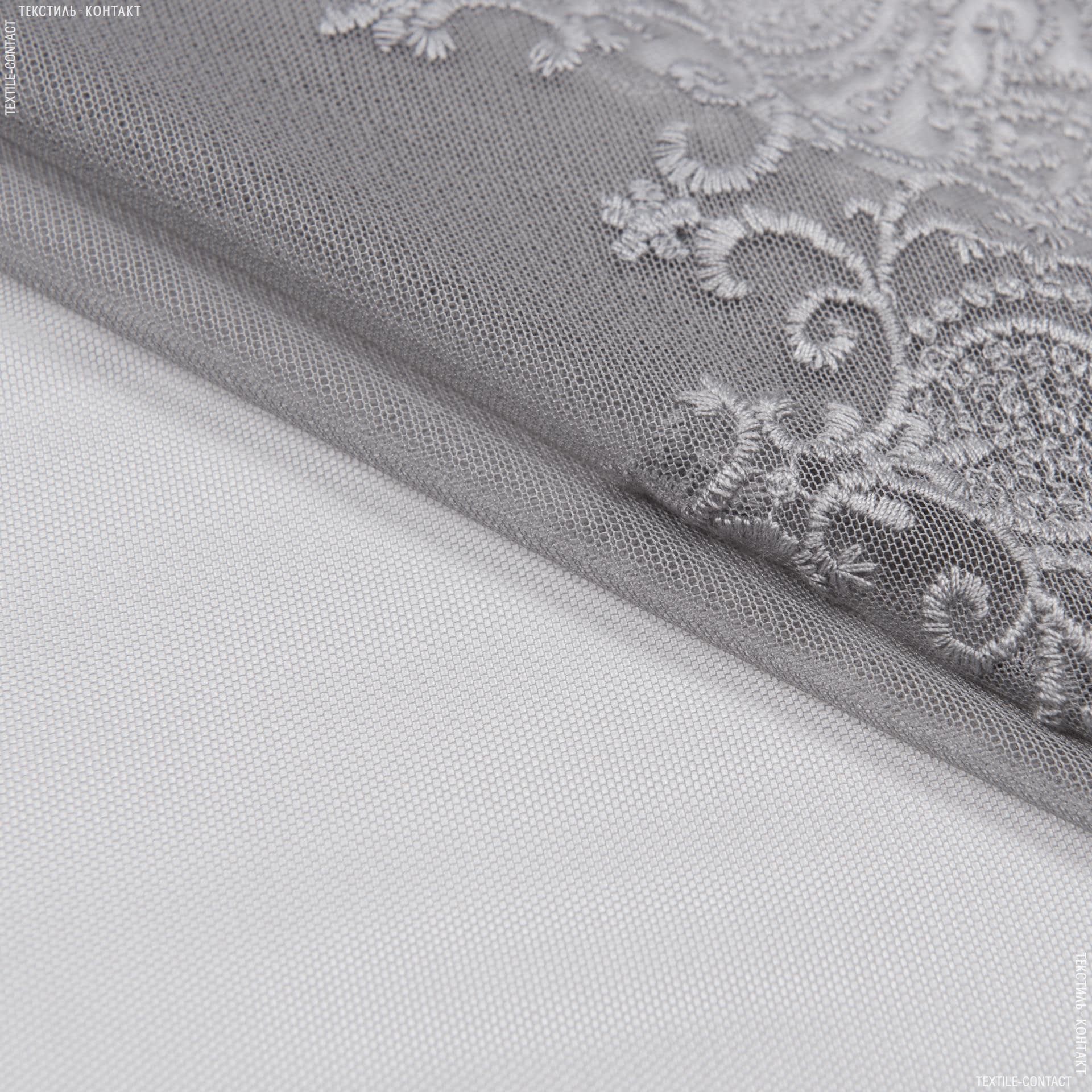 Тканини гардинні тканини - Тюль сітка вишивка Іларія сіра  з фестоном