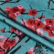 Тканини для меблів - Декоративний велюр принт Японський сад бордо фон cмарагд
