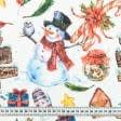 Ткани для скрапбукинга - Новогодняя ткань лонета Снеговик карамель, белый