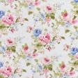Тканини для штор - Декоративна тканина лонета Флорал  квіти рожевий, блакитний, фон молочний