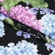 Тканини портьєрні тканини - Декоративна тканина Гідрангея блакитний, бузковий фон чорний
