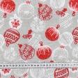 Тканини портьєрні тканини - Новорічна тканина лонета Кульки червоний фон сірий