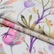 Тканини бавовна - Декоративна тканина Пташиний світ  колір мальва, рожевий, жовтий, фон молочний