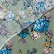 Тканини штапель - Штапель фалма принт бежеві, сині троянди на темно-оливковому