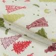 Тканини для декоративних подушок - Декоративна новорічна тканина Лонета Ялинки,молочний