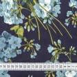 Тканини шовк - Шовк штучний стрейч принт бірюзові квіти на темно-синьому