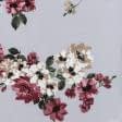 Тканини для суконь - Платтяний твіл принт бежеві, бордові квіти на сірому