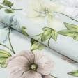 Тканини для штор - Декоративна тканина лонета Гібіскус сірий фон бірюза