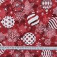 Ткани для портьер - Новогодняя ткань лонета Елочные игрушки фон красный