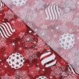 Тканини для печворку - Новорічна тканина лонета Ялинкові іграшки фон червоний