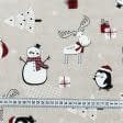 Ткани для штор - Новогодняя ткань лонета Снеговик пингвин фон беж