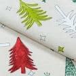 Тканини бавовняні сумішеві - Новорічна тканина лонета Ялинки фон бежевий