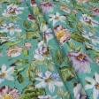 Ткани для детской одежды - Экокоттон садовые цветы, фон зеленая бирюза