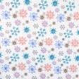 Ткани новогодние ткани - Новогодняя ткань лонета Снежинки большие голубой, бордовый фон молочный